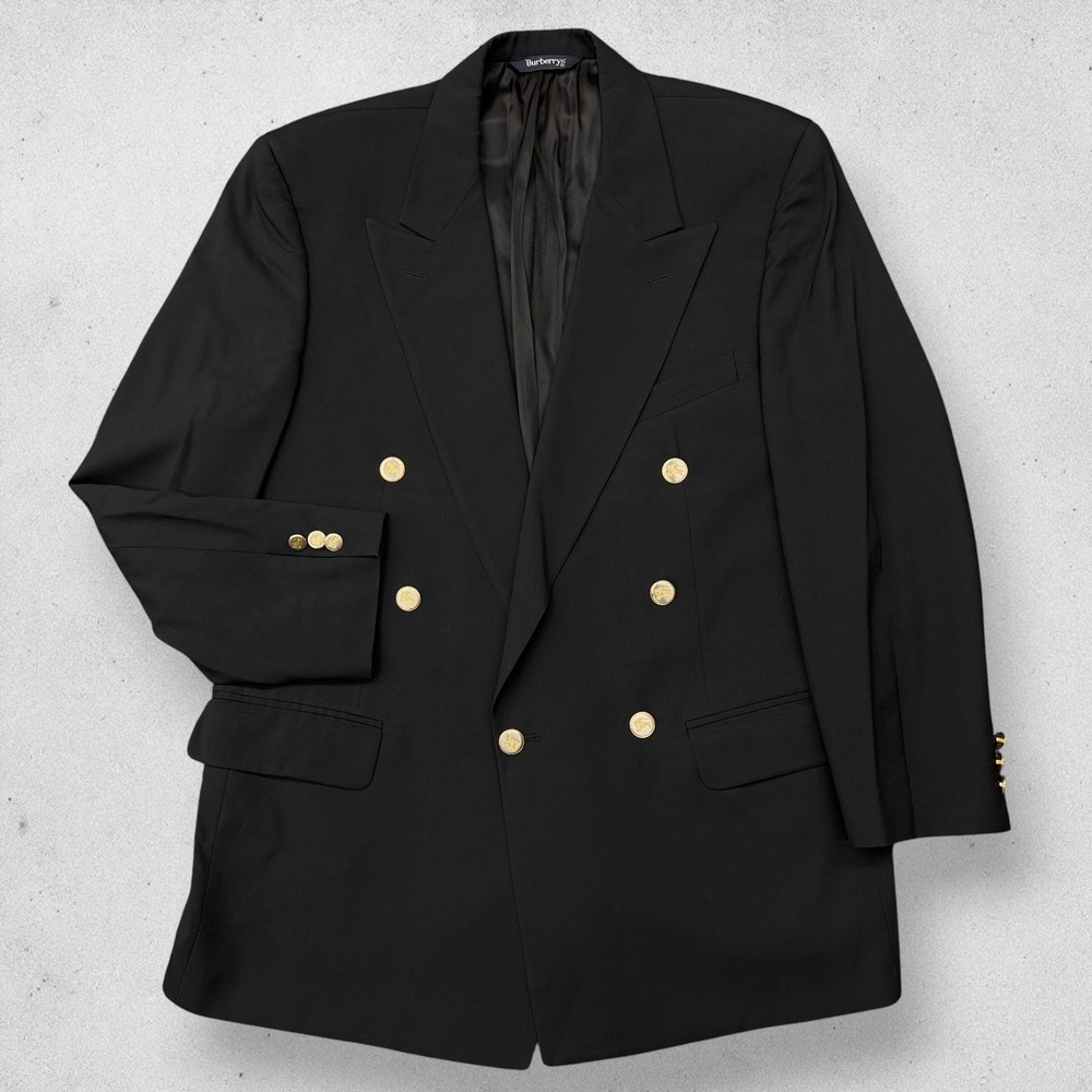 Burberrys Blazer Mens 42R Black Double Breasted Super 100s Wool USA Sport Coat